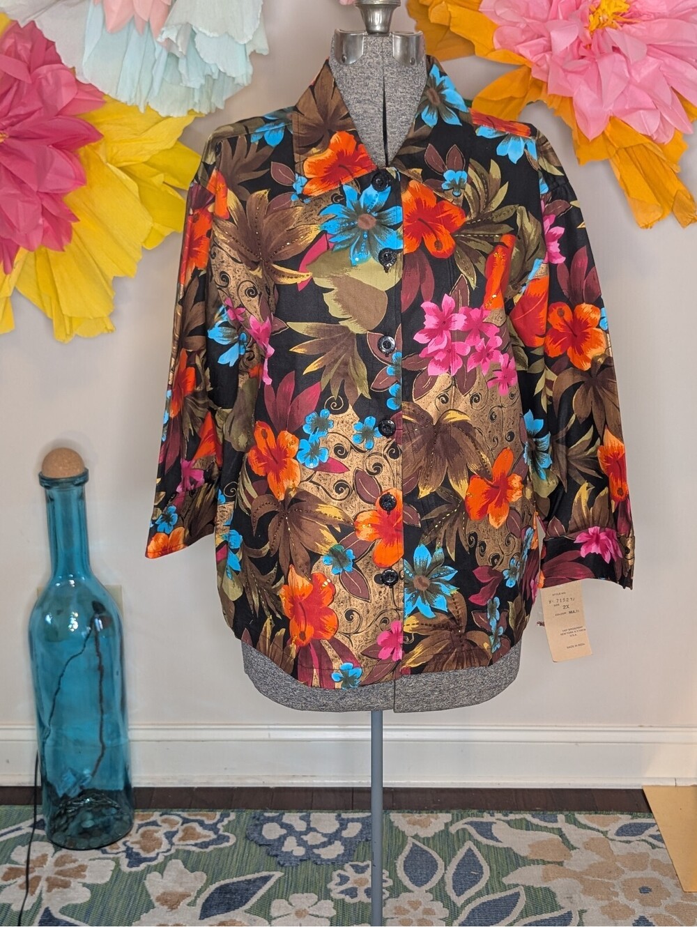 Life Style Woman 2X Floral Button-Up Cotton Blouse with Beaded Detail